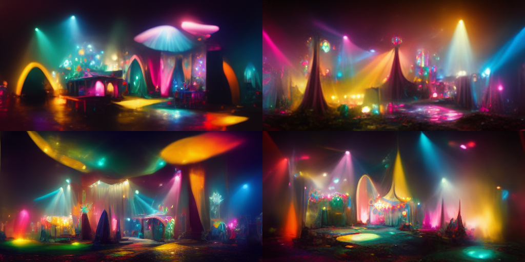 A colorfully lit stage in the same style as the original Midjourney drawings.