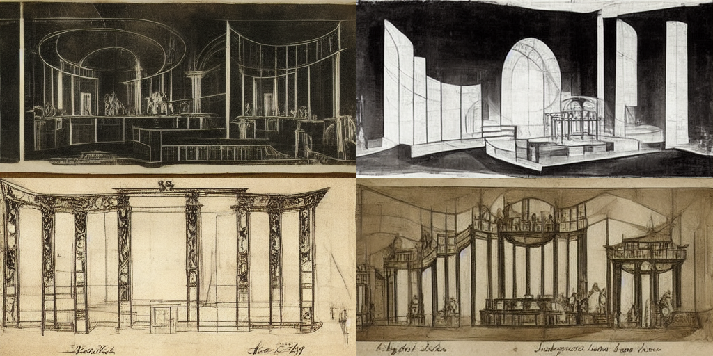 Four sketches of a building.