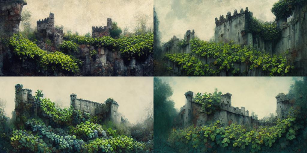 Four drawings of castles surrounded by lush forest.