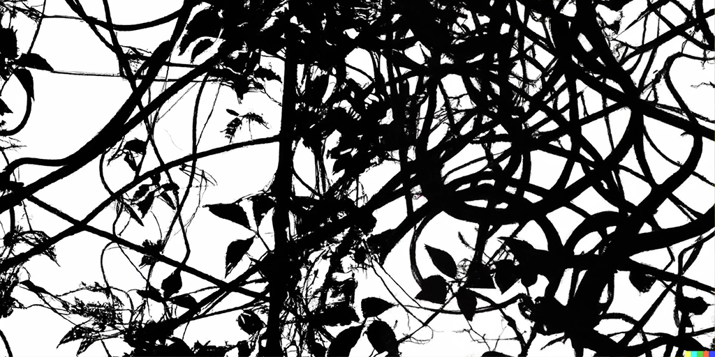 Black and white drawing of leaves on a many vines.