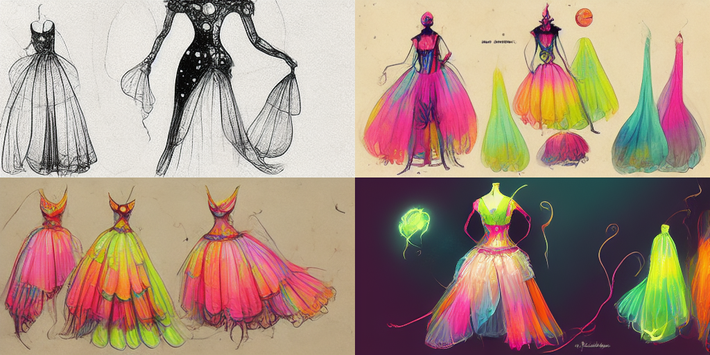 One black and white and three colorful sketches of dresses.