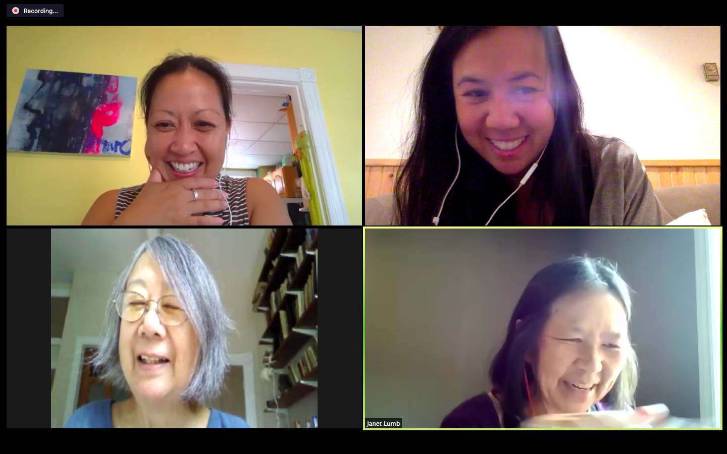 Screenshot of four Chinese Canadian women in four separate Zoom boxes.