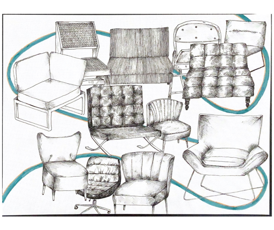 Illustration of various cushioned chairs.