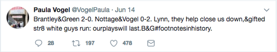 Paula Vogel tweets "Brantley&Green 2-0. Nottage&Vogel 0-2. Lynn, they help close us down,&gifted str8 white guys run: ourplayswill last.B&G#footnotesinhistory."