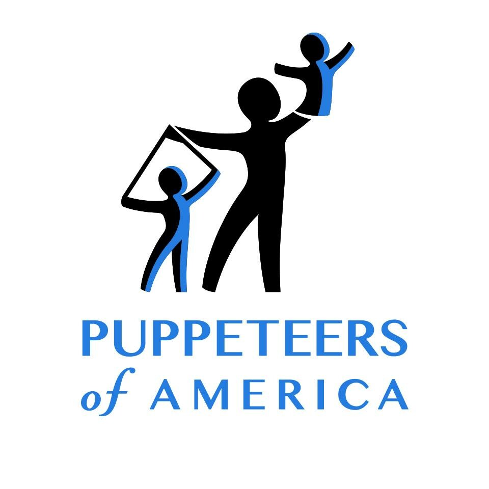 puppeteers of america logo with silhouette of puppeteer with marionette and hand puppet.