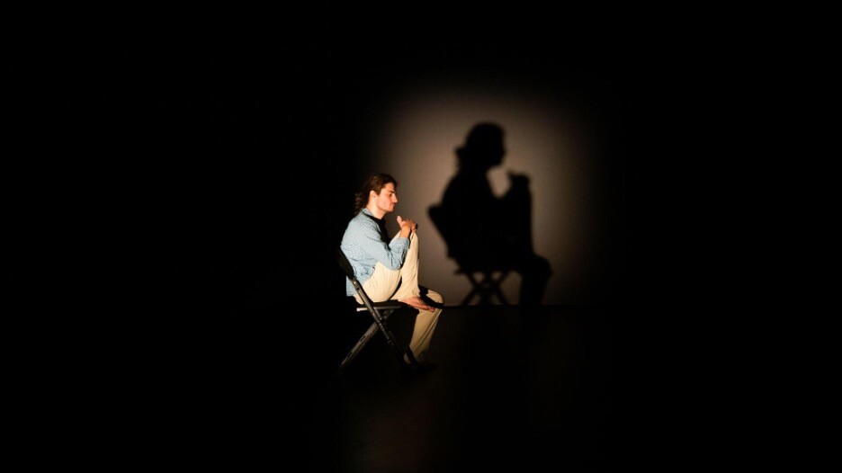 A man stands on stage, illuminated by a spotlight, his shadow against the wall behind him.
