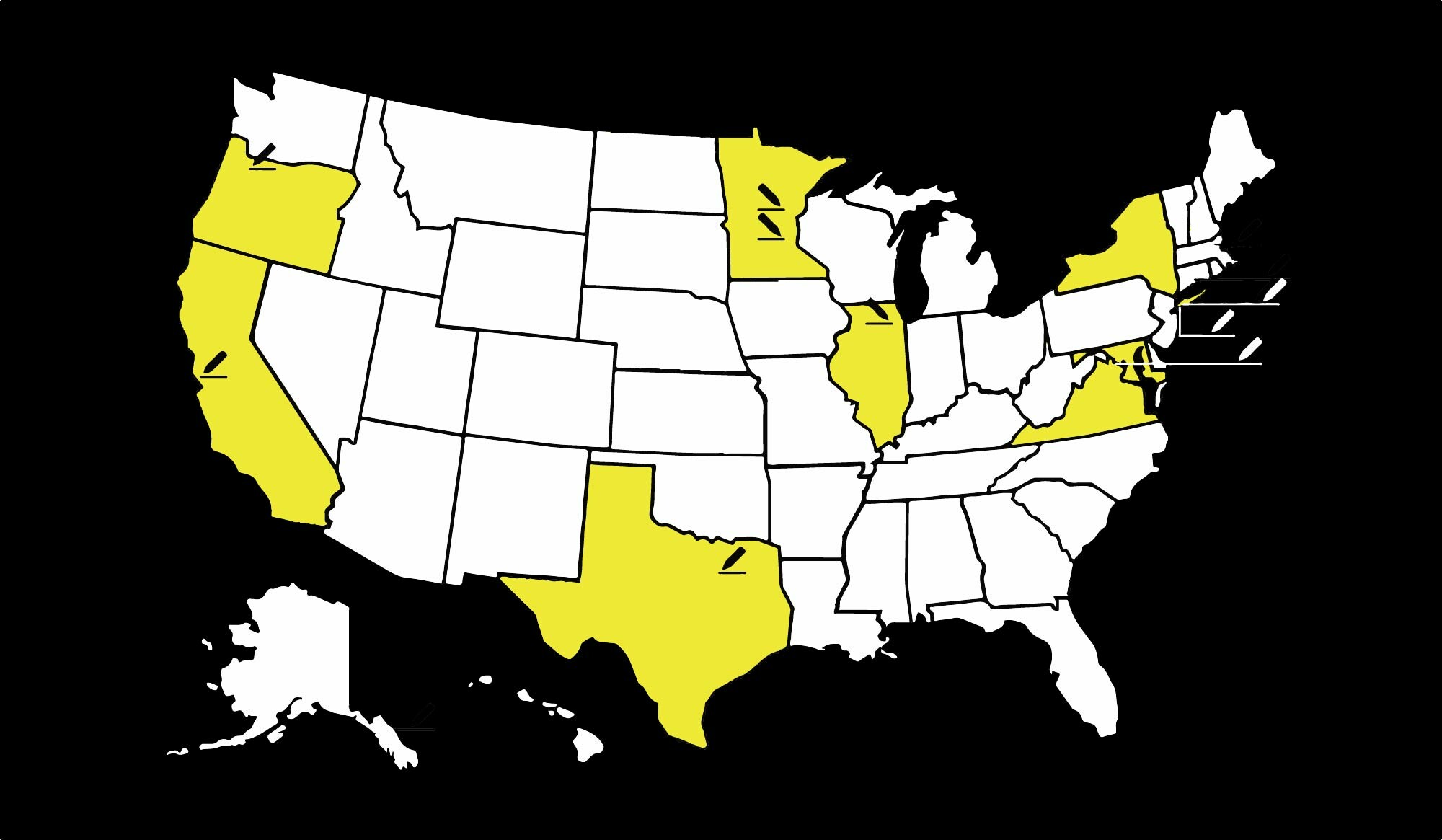 black, white, and yellow map of the United States indicating residency locations
