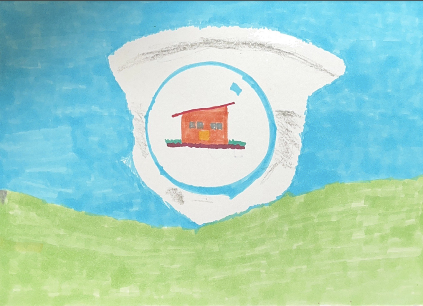 A sketch of a house in a field.
