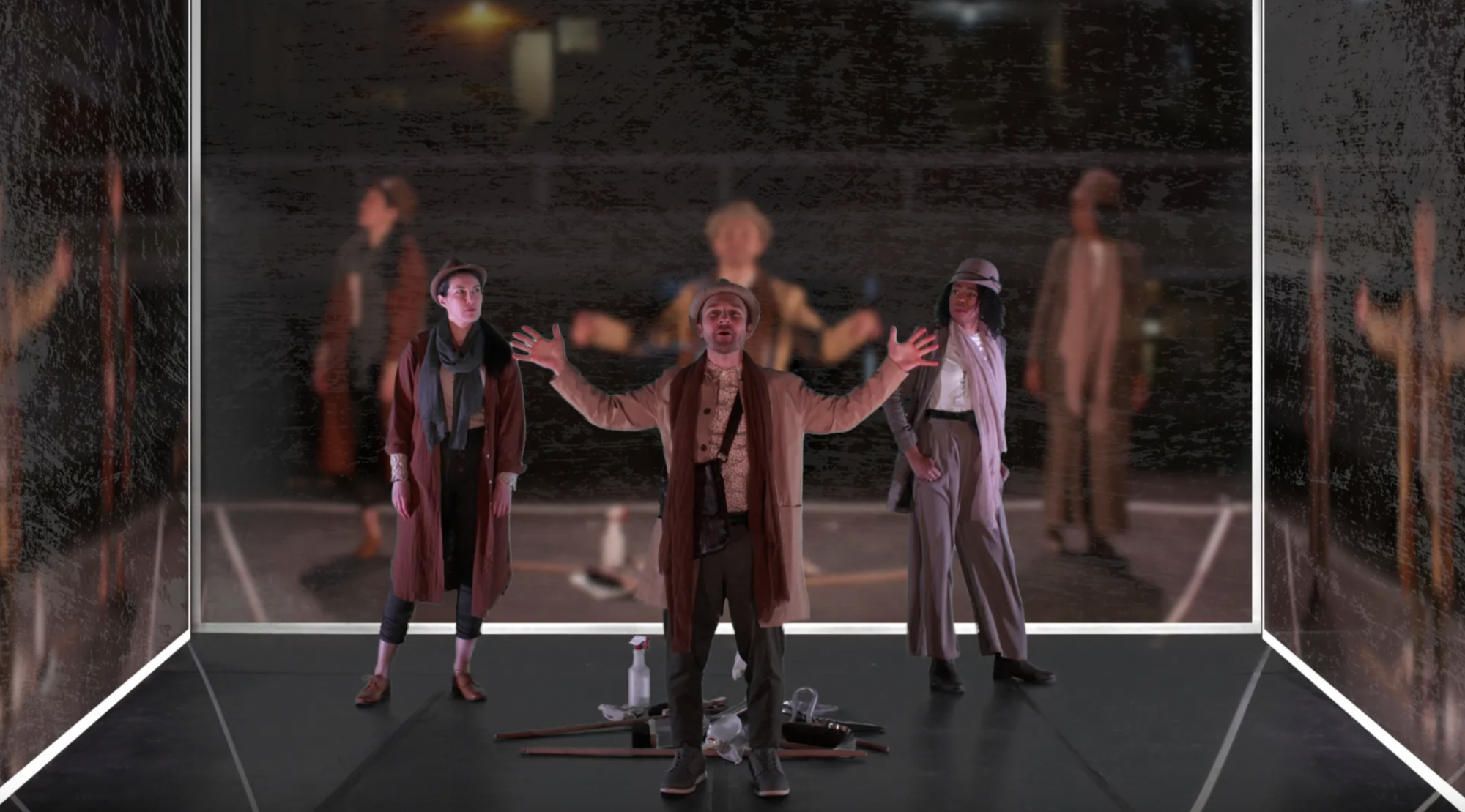 A group of performers act in a mirrored box.