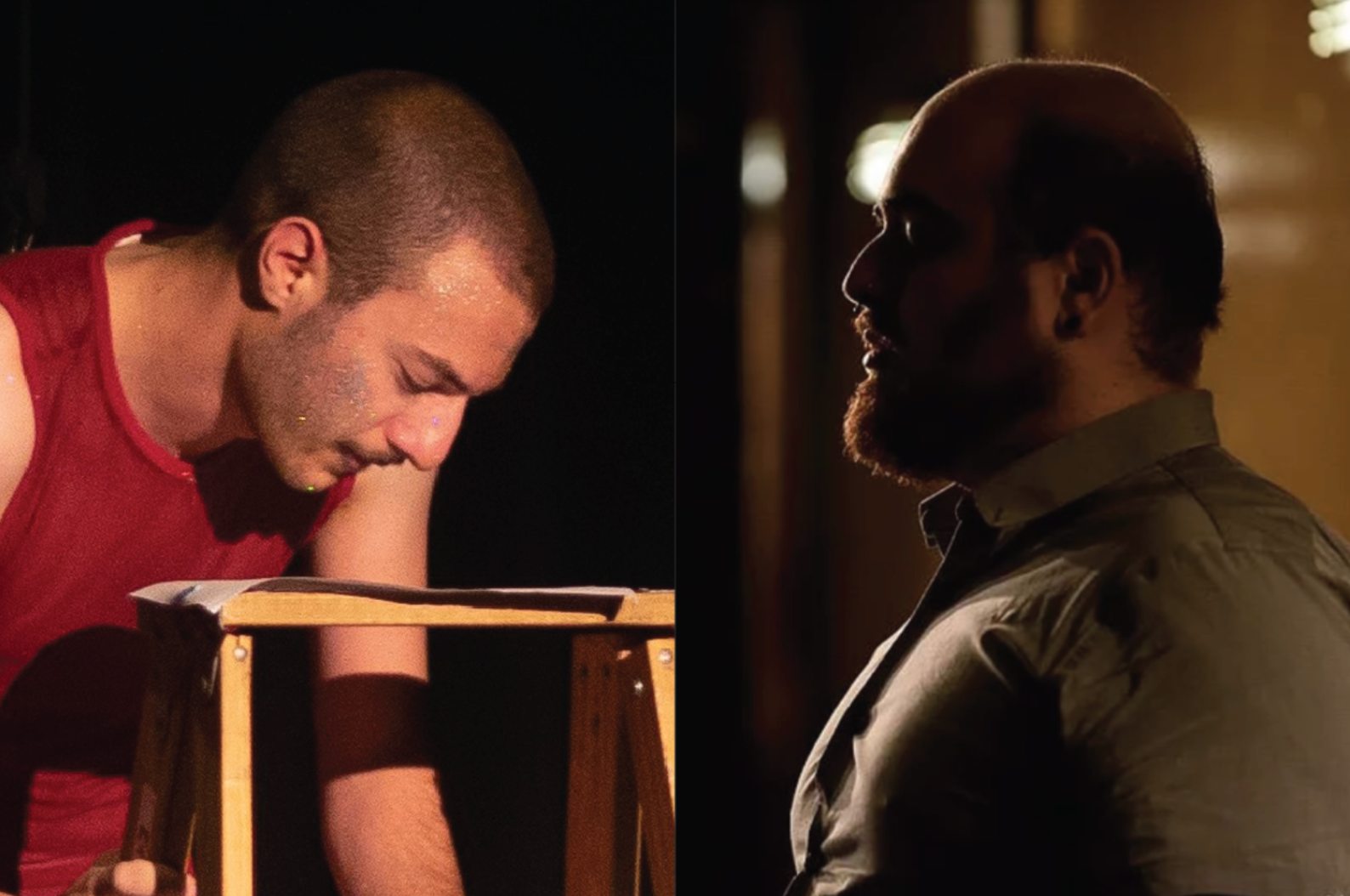 Two men on stage in mood lighting. 