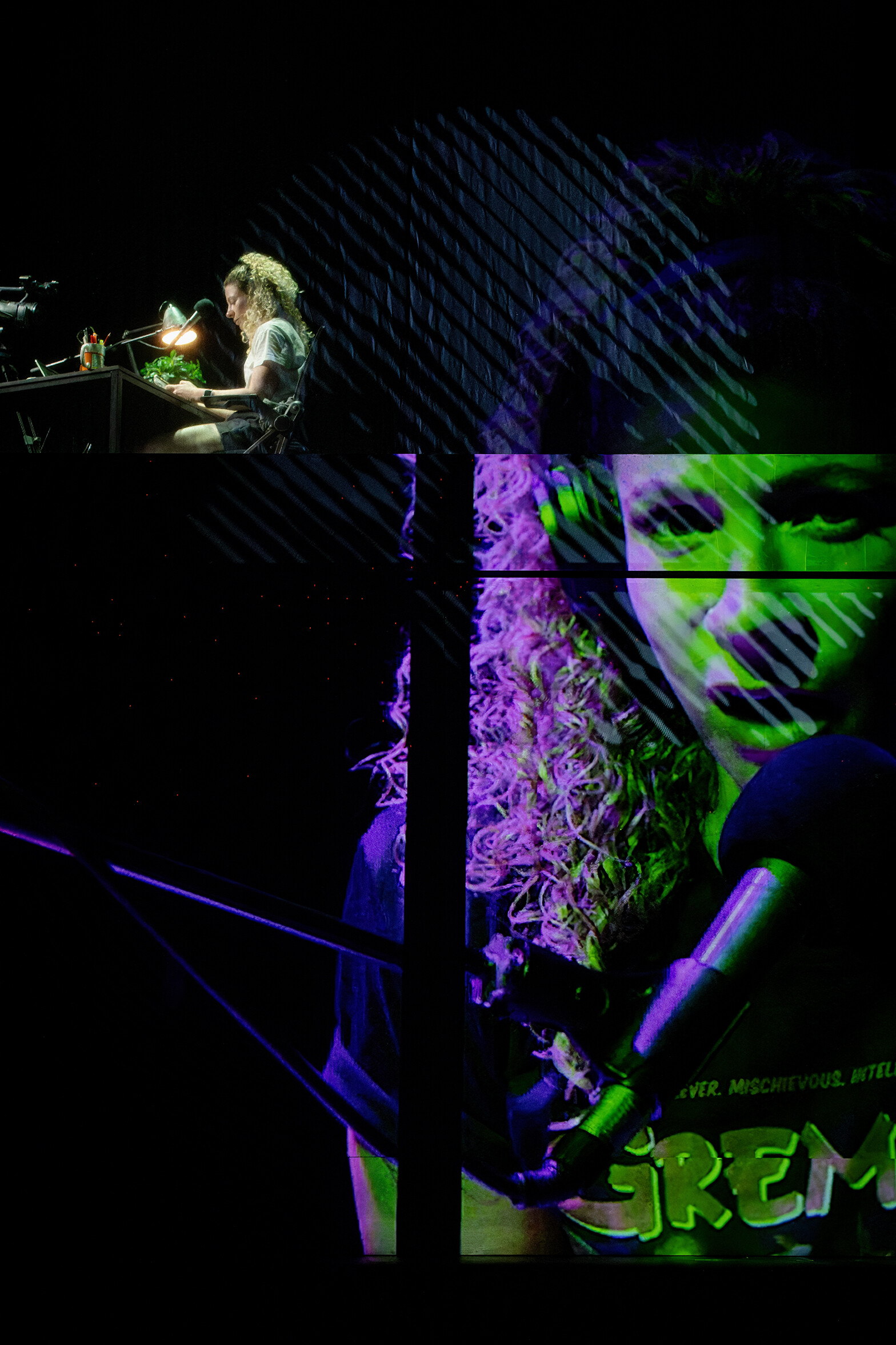 A woman playing piano with an overlay of a close up of her face. 