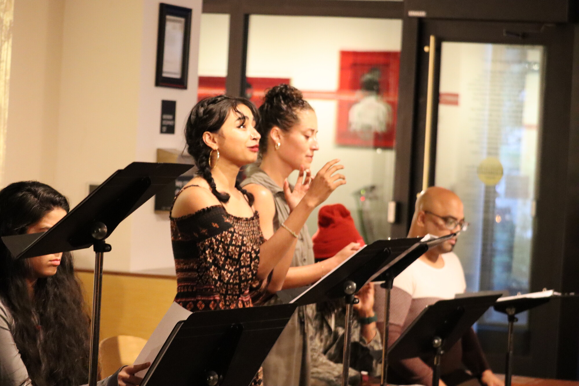 A woman is behind a music stand gesture's passionately.