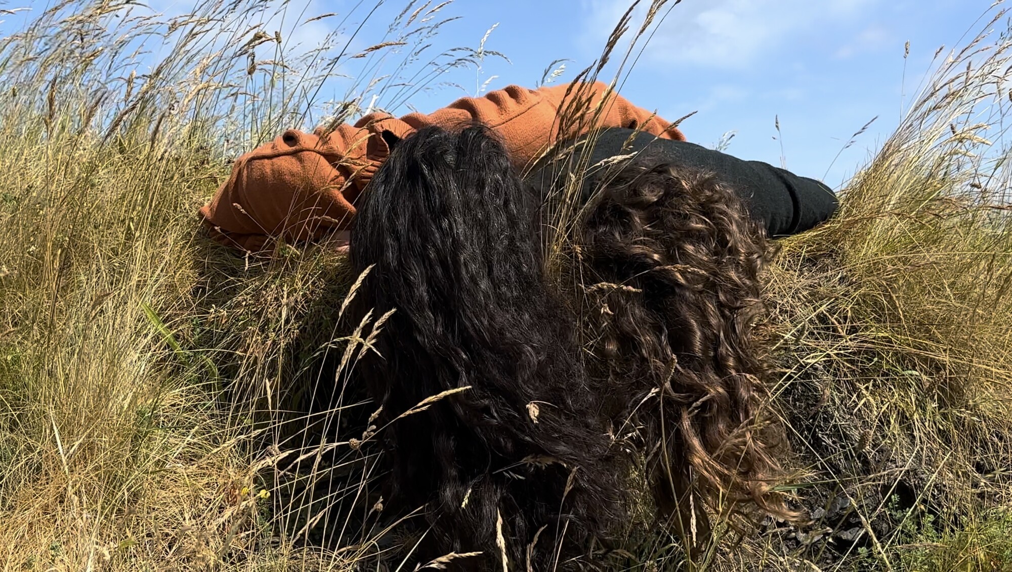 A person putting their head down in a grassy field. 