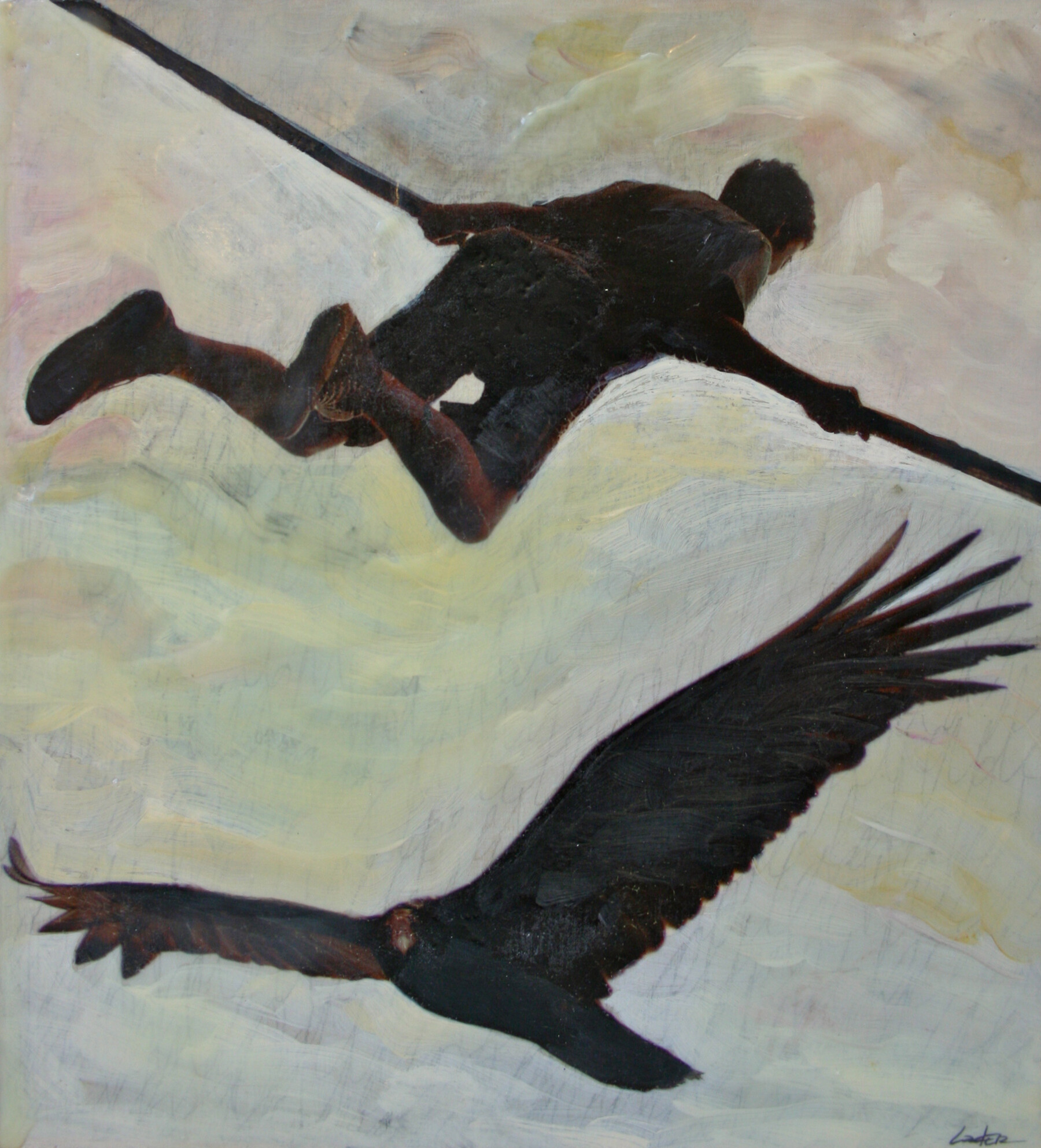 A person in the air with a large stick and a bird nearby.