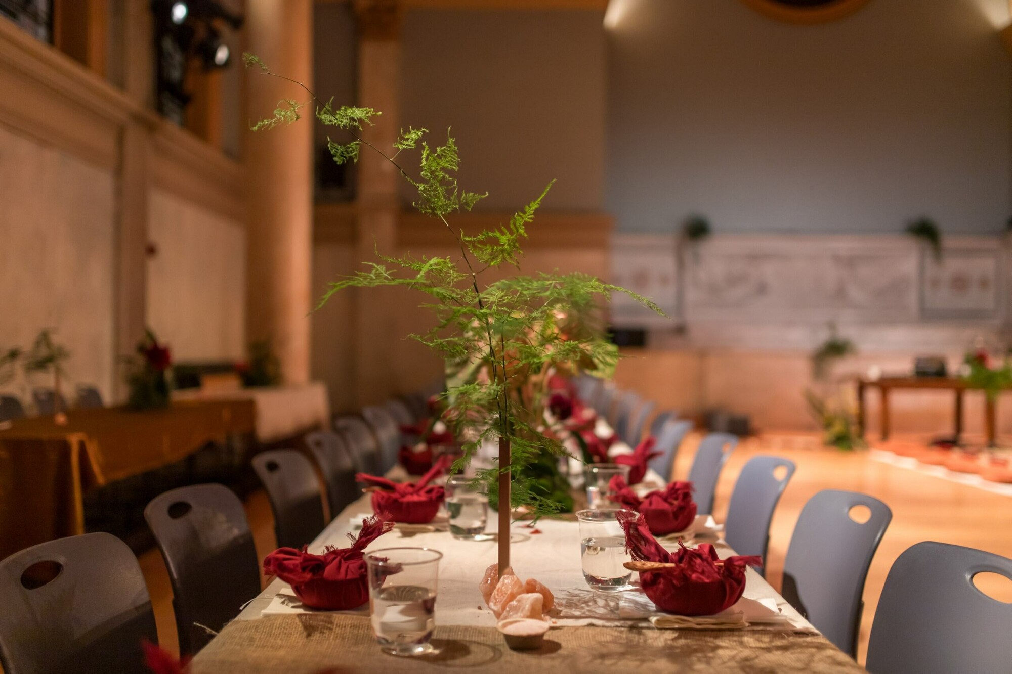 A long table set for a meal. 