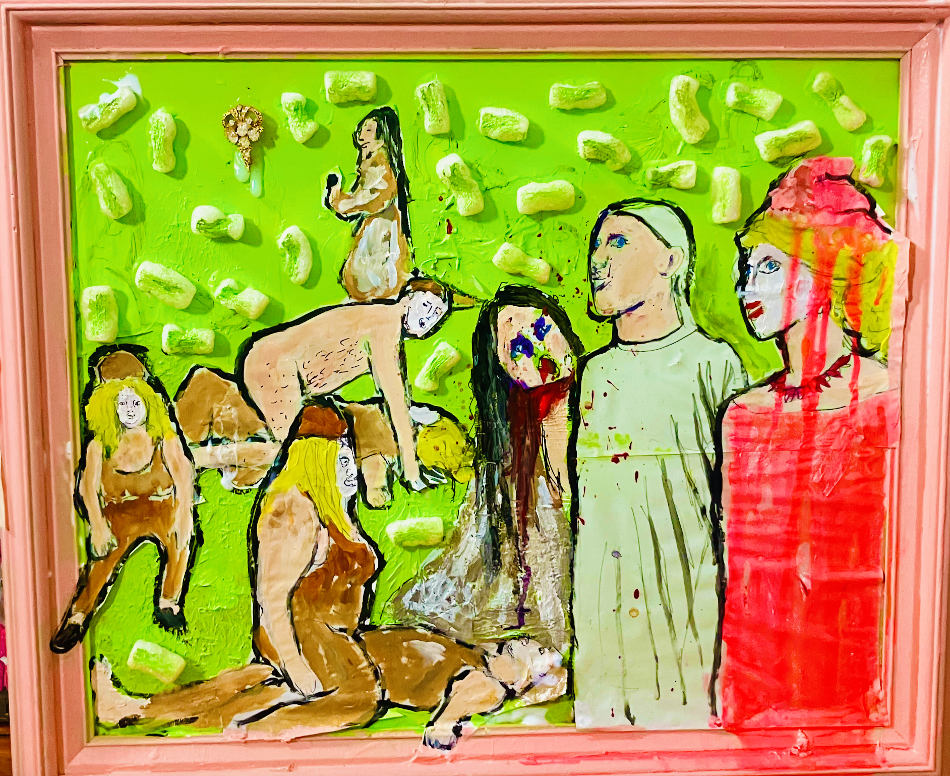 A bright painting with lots of abstract people in it.