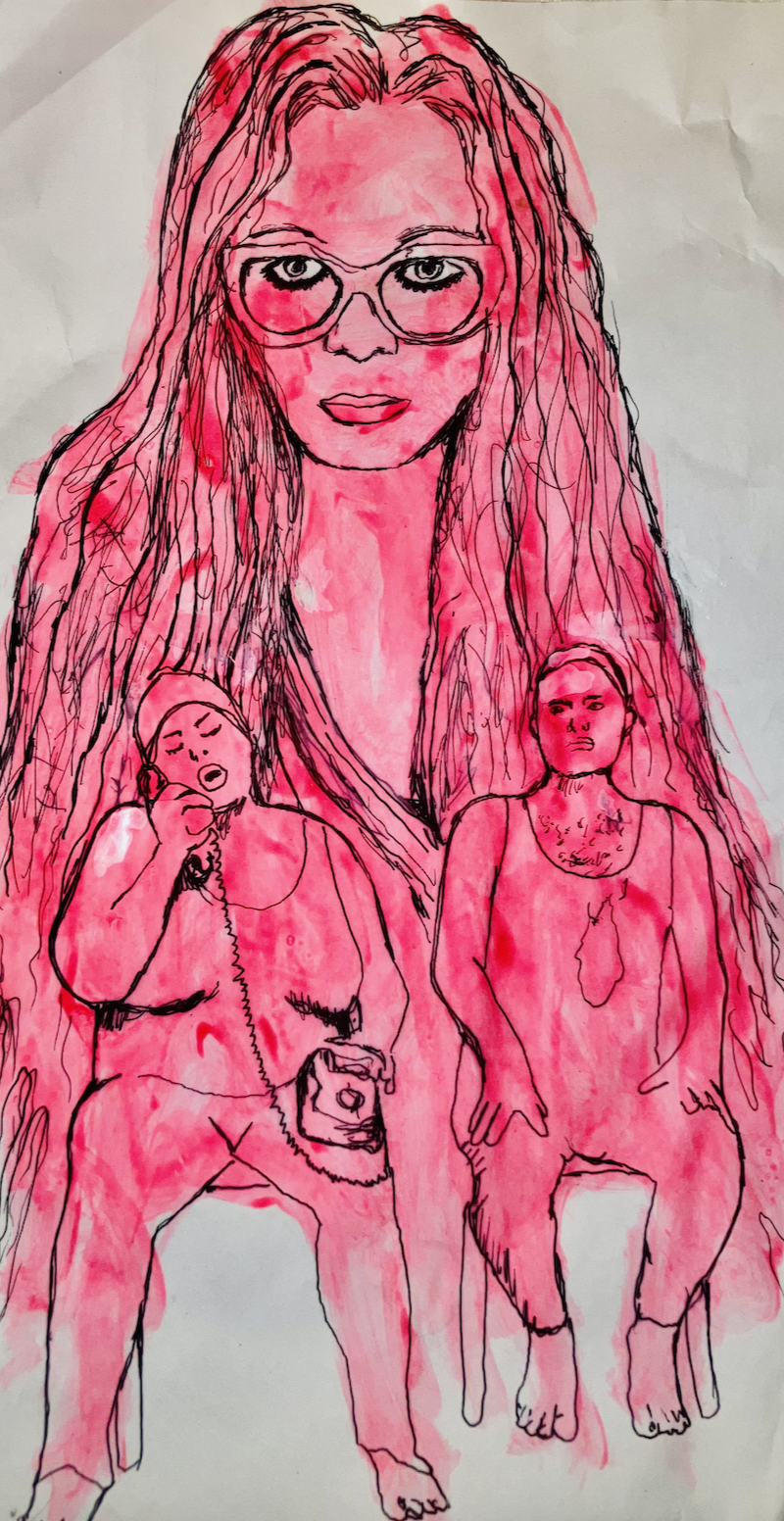 A bright pink abstract painting of three people.