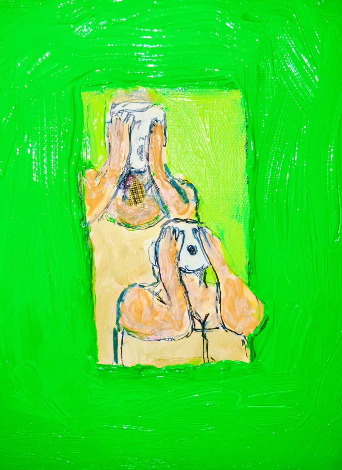 A bright green painting with two figures in the center holding their hands to their faces.