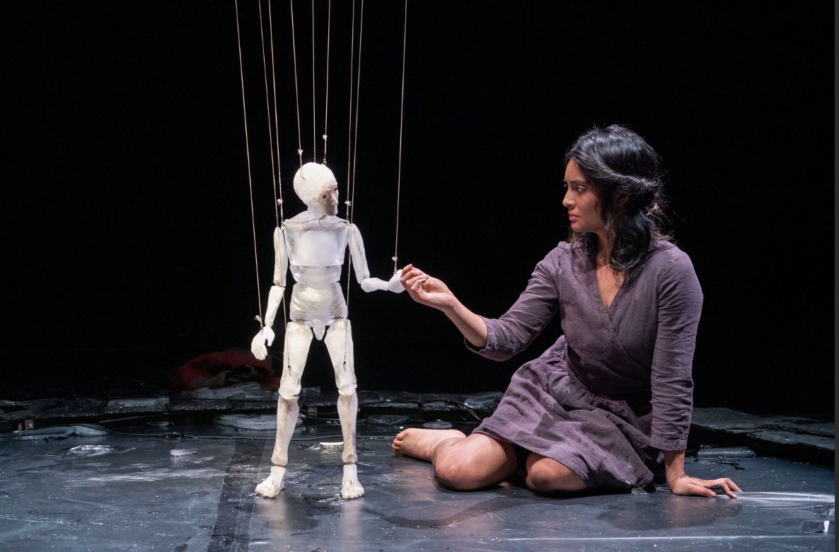 A woman in a purple dress kneeling on the ground next to a puppet.