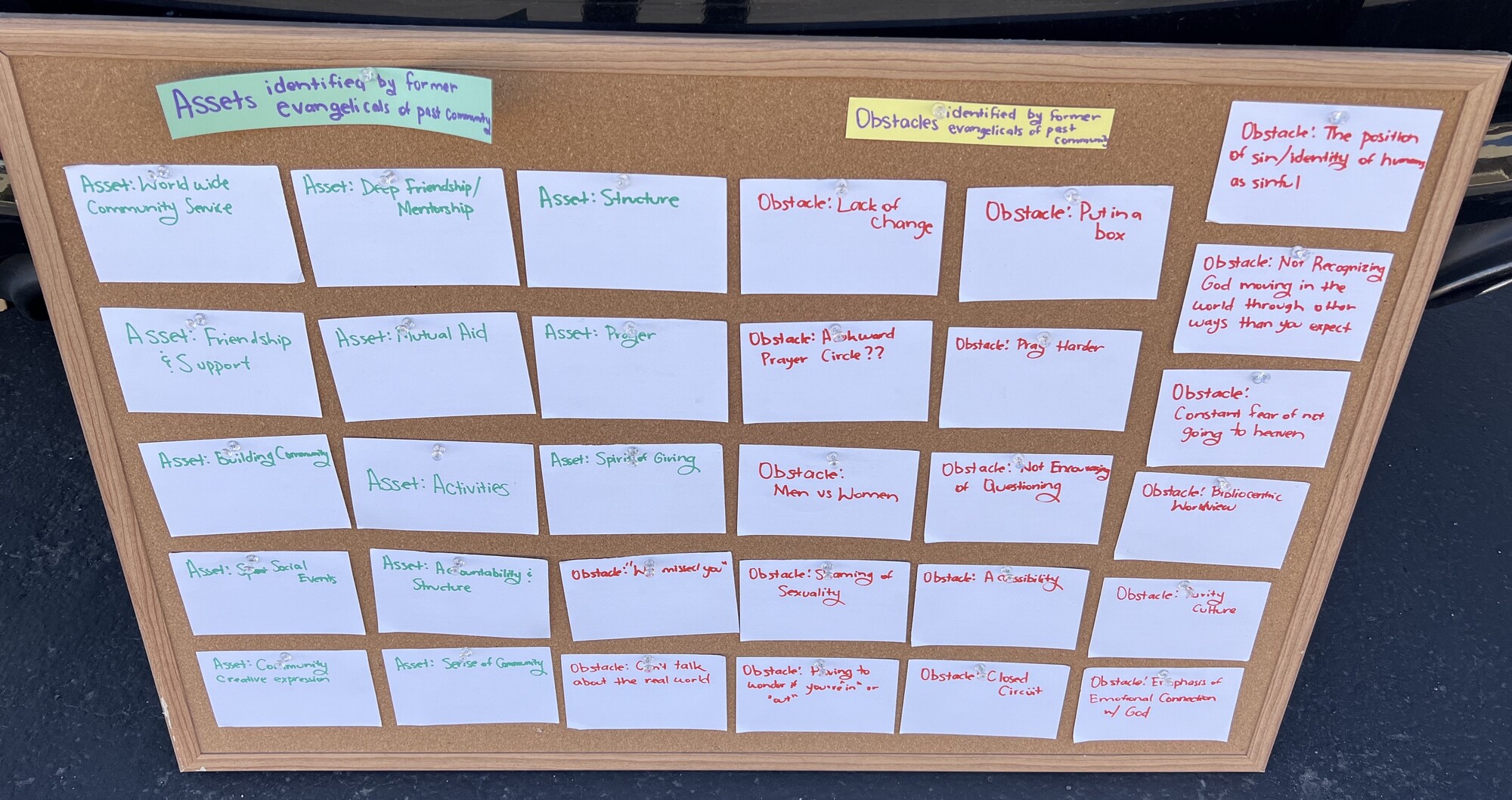 A corkboard full of notecards with pink and green handwriting.