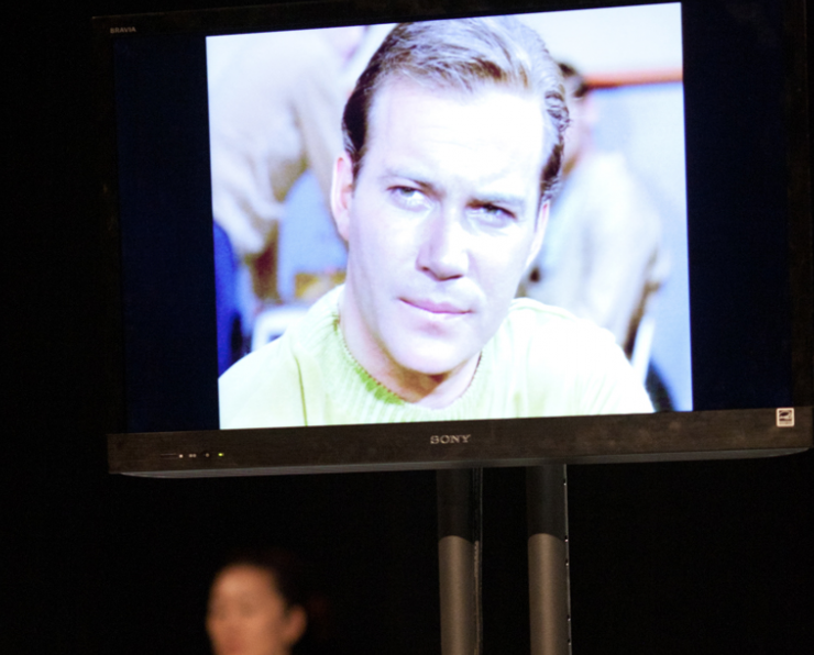 A screen with an image of William Shatner.