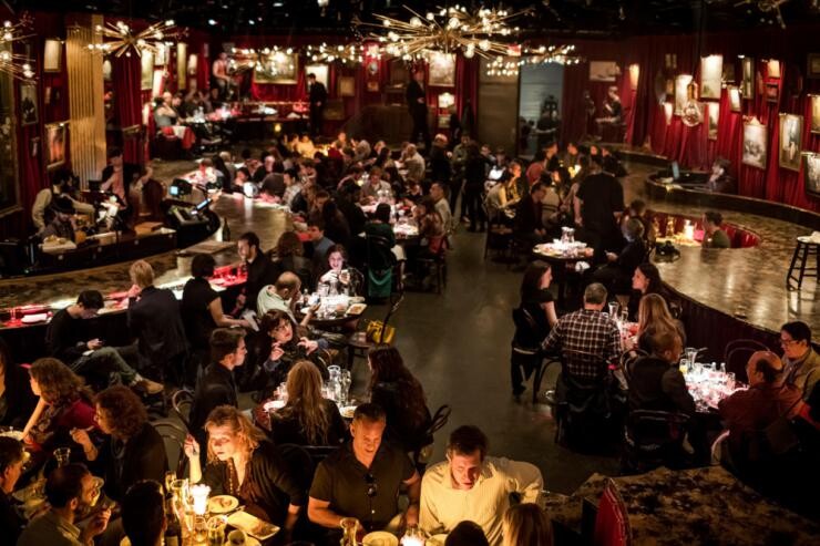 A high angle shot of a restaurant dining room.