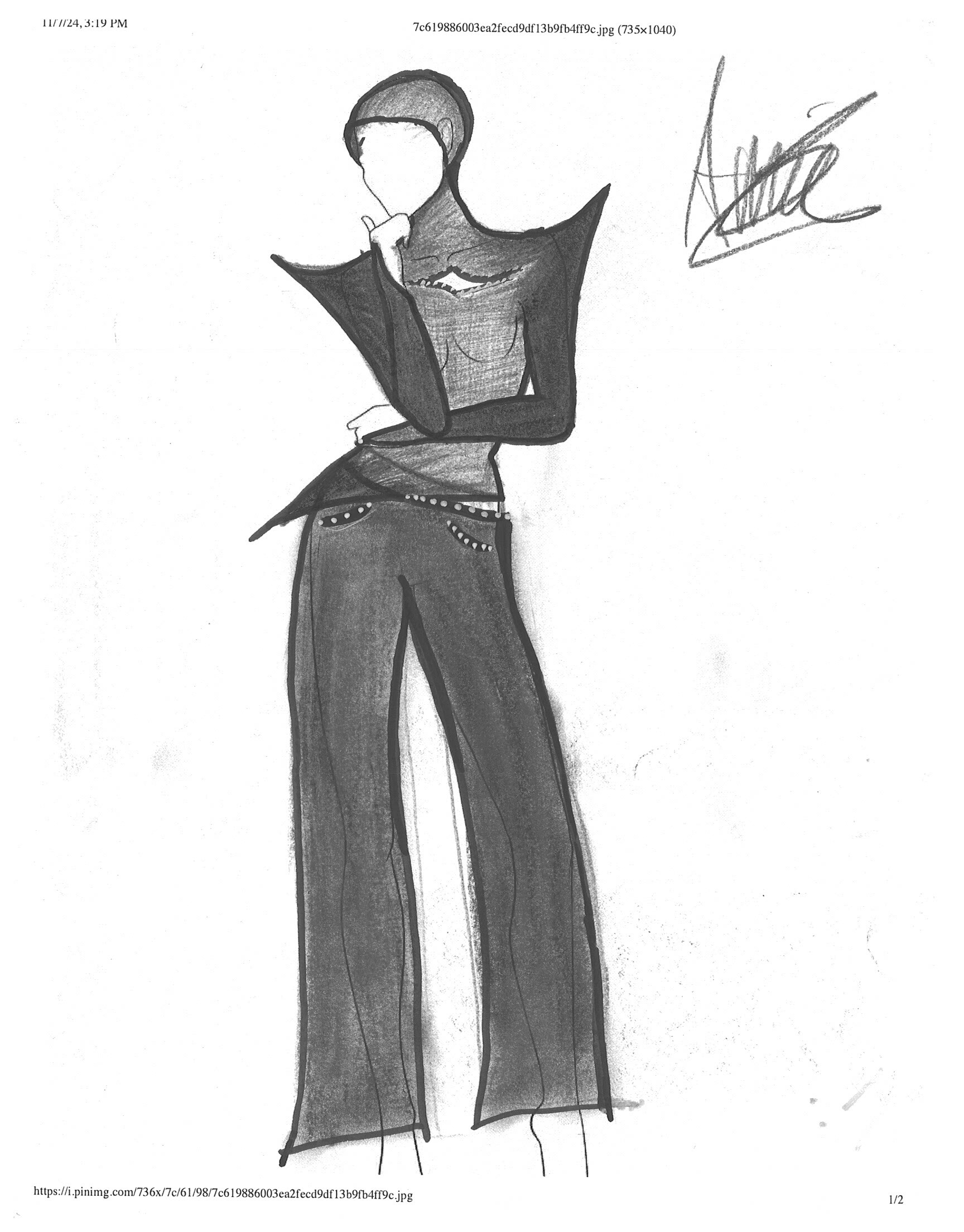 A drawing of a person in dark spiky clothes.