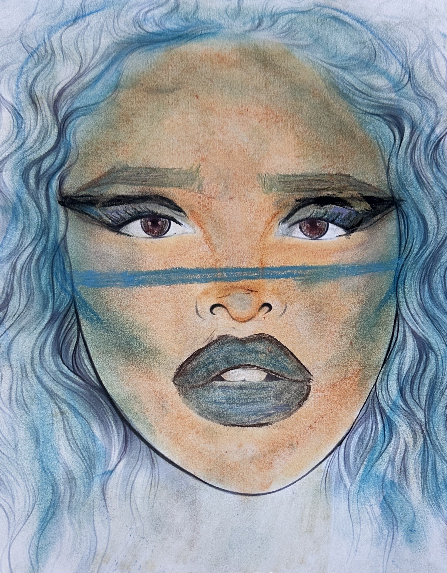 A drawing of a woman with blue hair and blue lips.