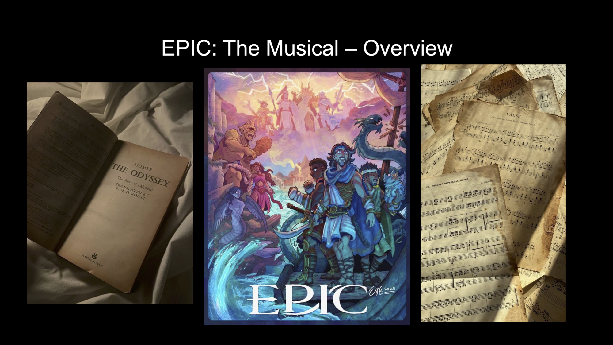A collage of three pictures including a book, a video game title page, and old papers. 