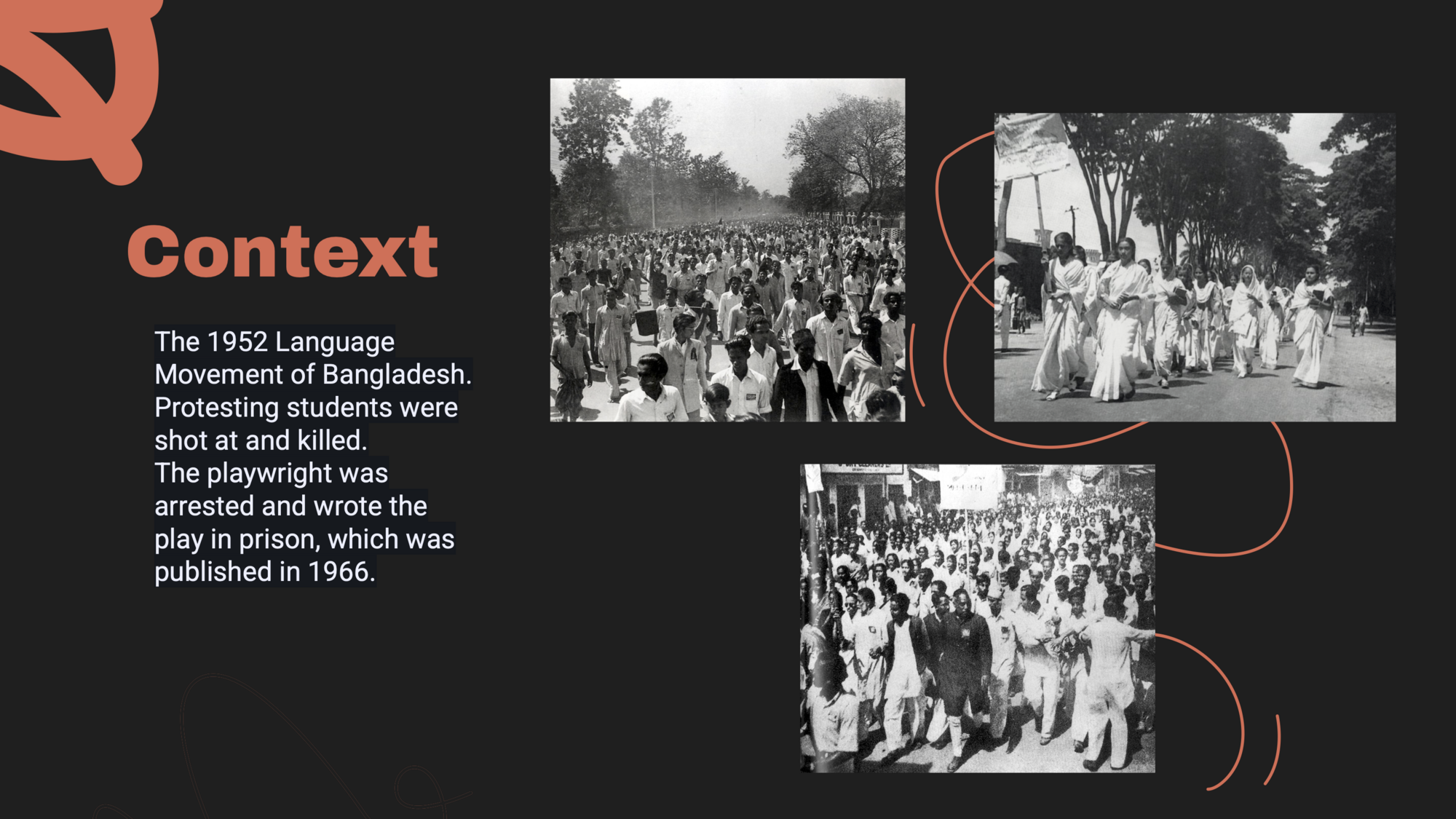 A slide from a presentation giving some context and including three black and white photos.