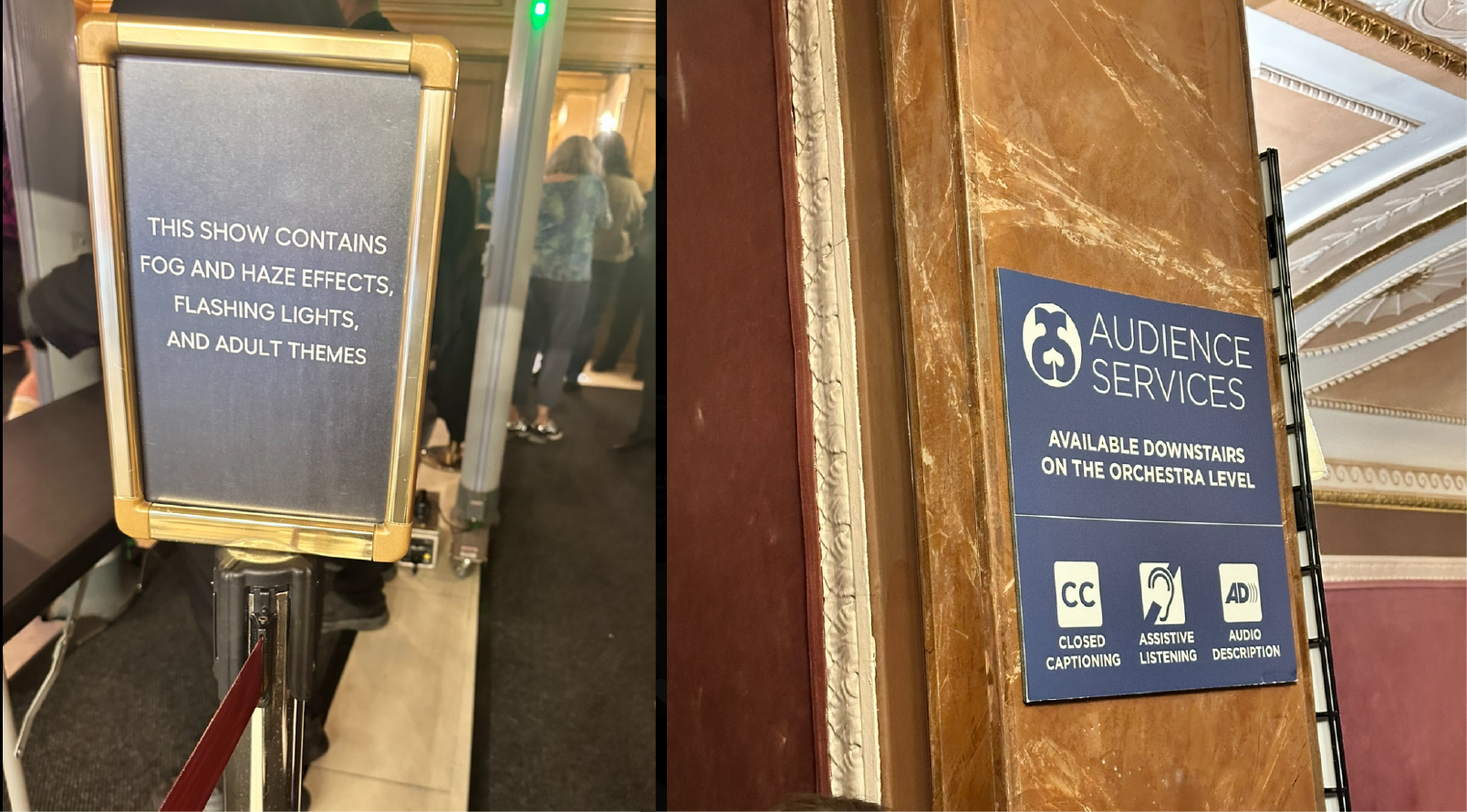 A collage of signs that involve accessibility at live shows. 