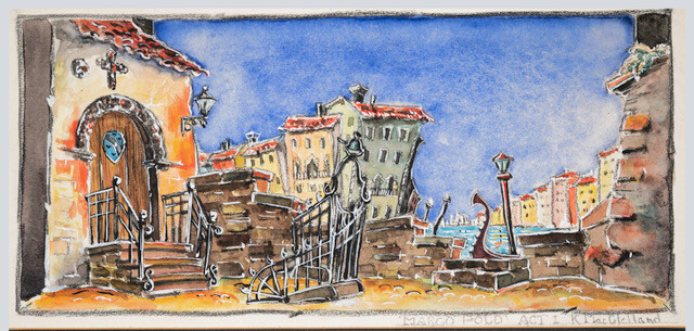 A painting of a mediterranean town.