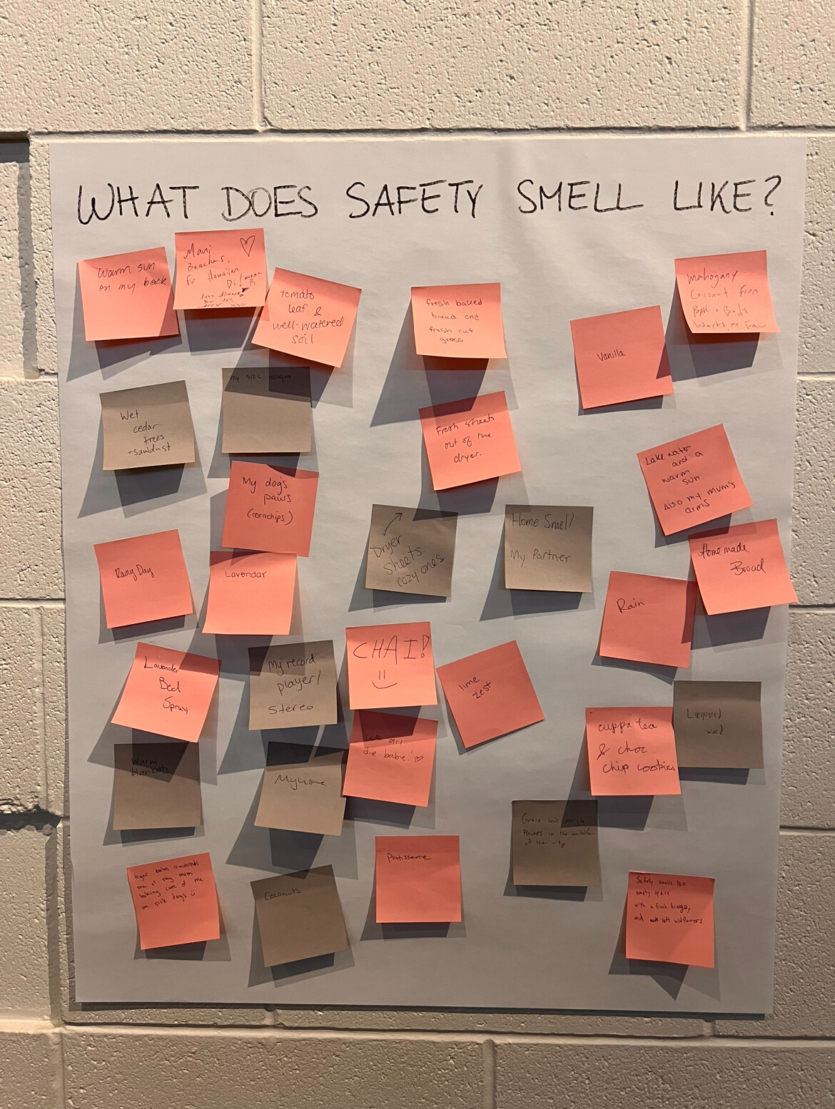 A wall with orange and brown post it notes.