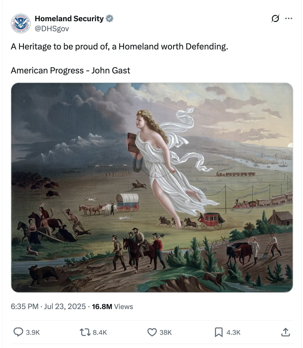 A screenshot of a tweet with the image of the painting American Progress by John Gast.