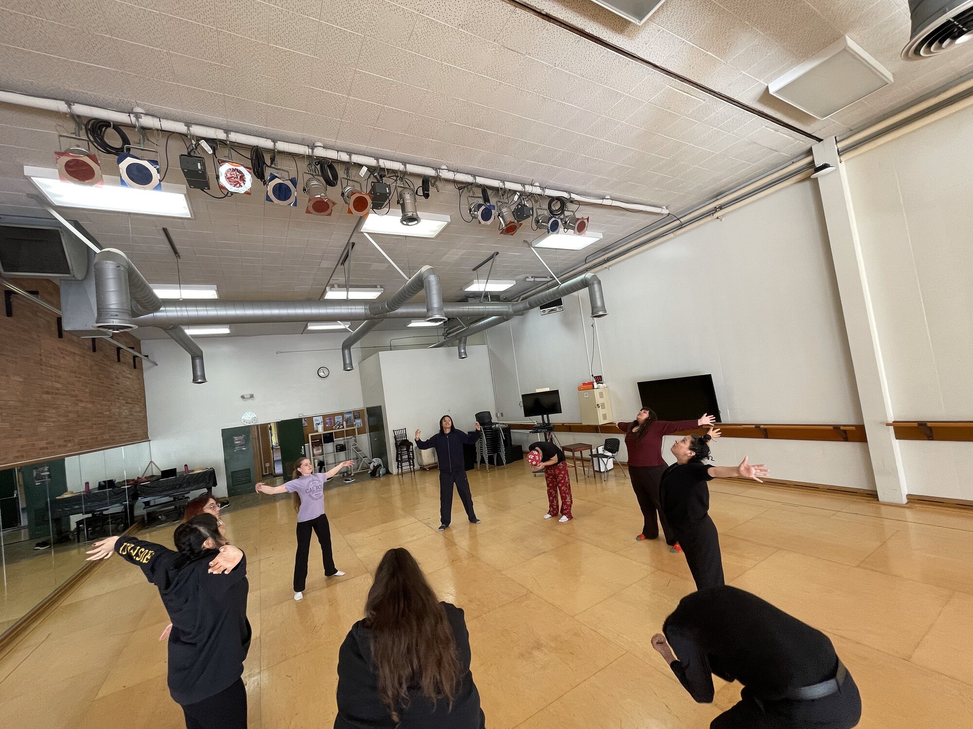 A group of people stand with arms outstretched in a dance studio.