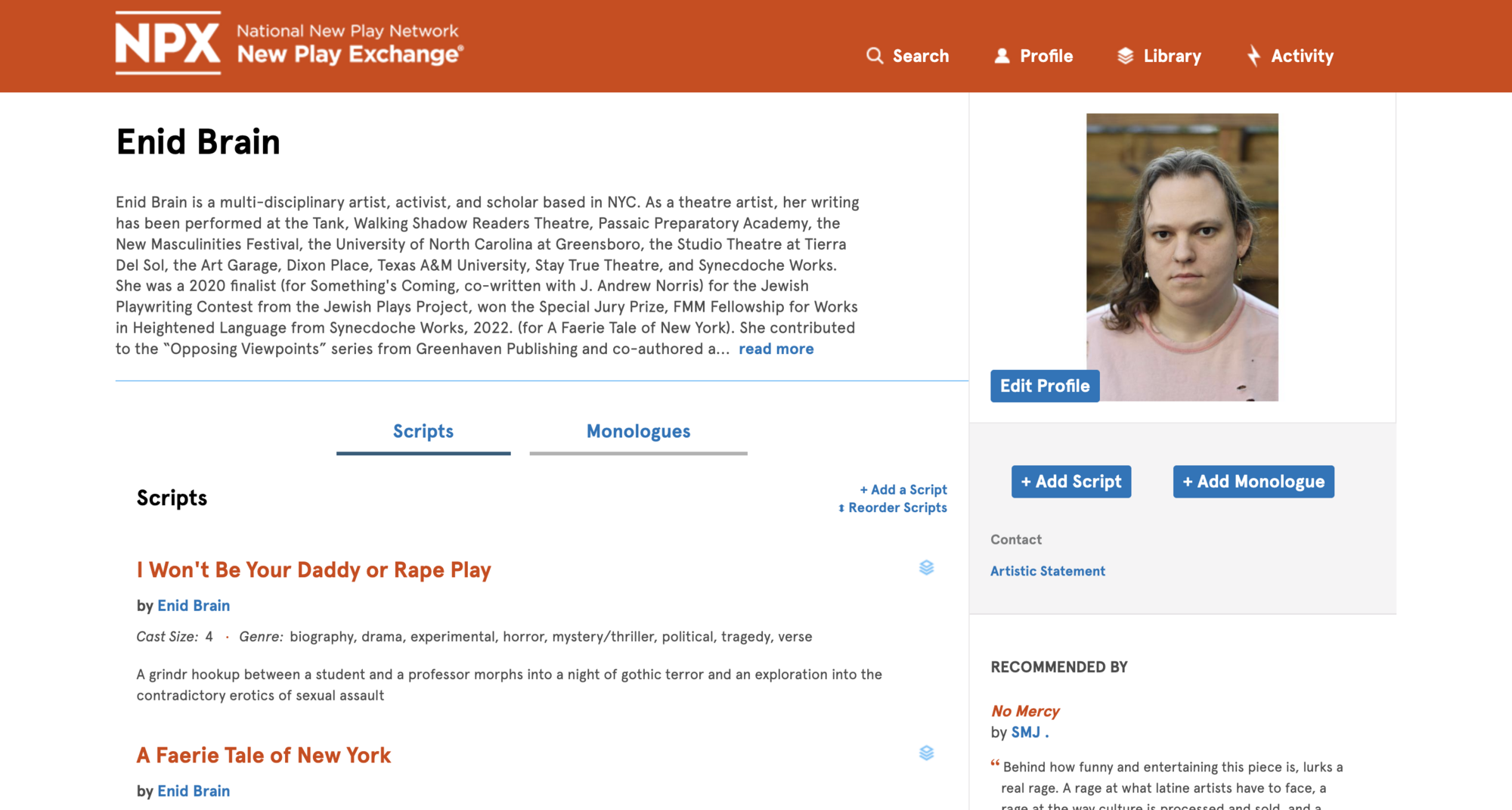 A screenshot of a New Play Exchange Profile.