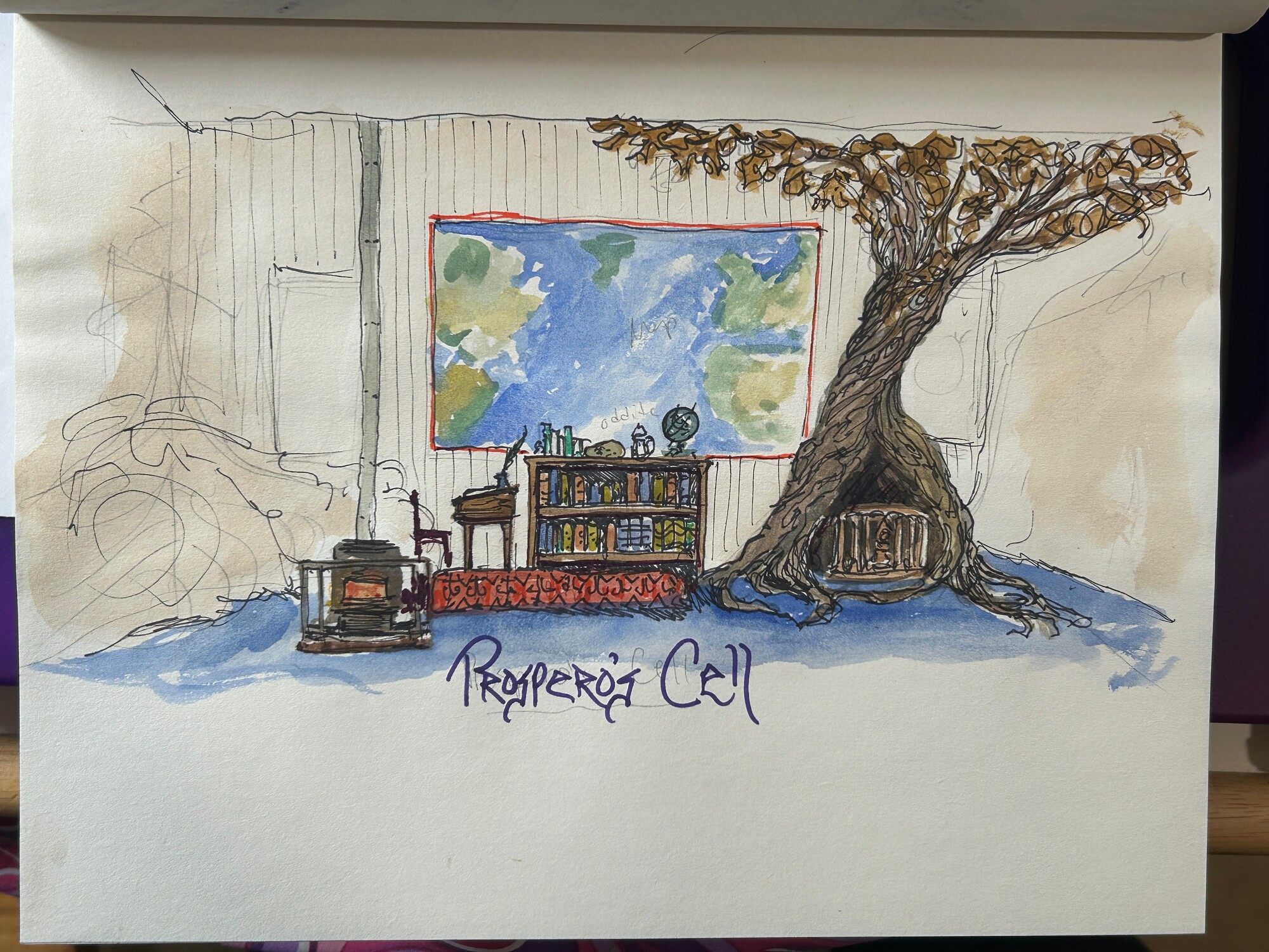 A drawing of a small room with a tree growing out of it.