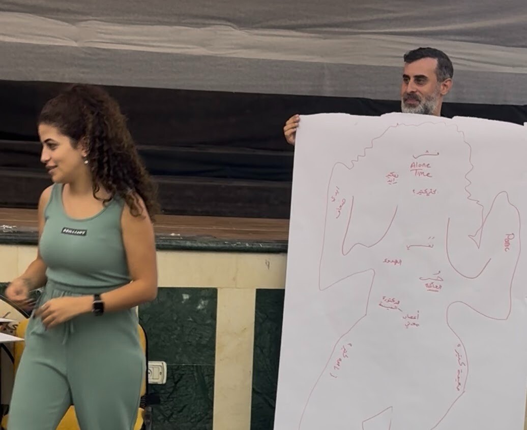 A performer holds up a labelled body tracing.