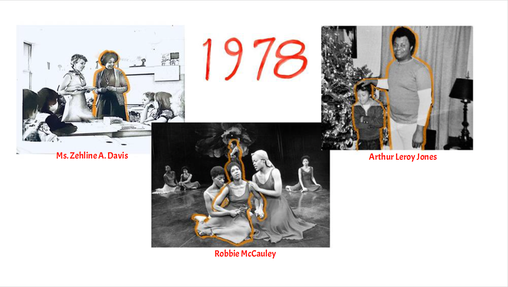 A slide featuring photos of Zehline A. Davis, Robbie McCauley, and Arthur L. Jones.
