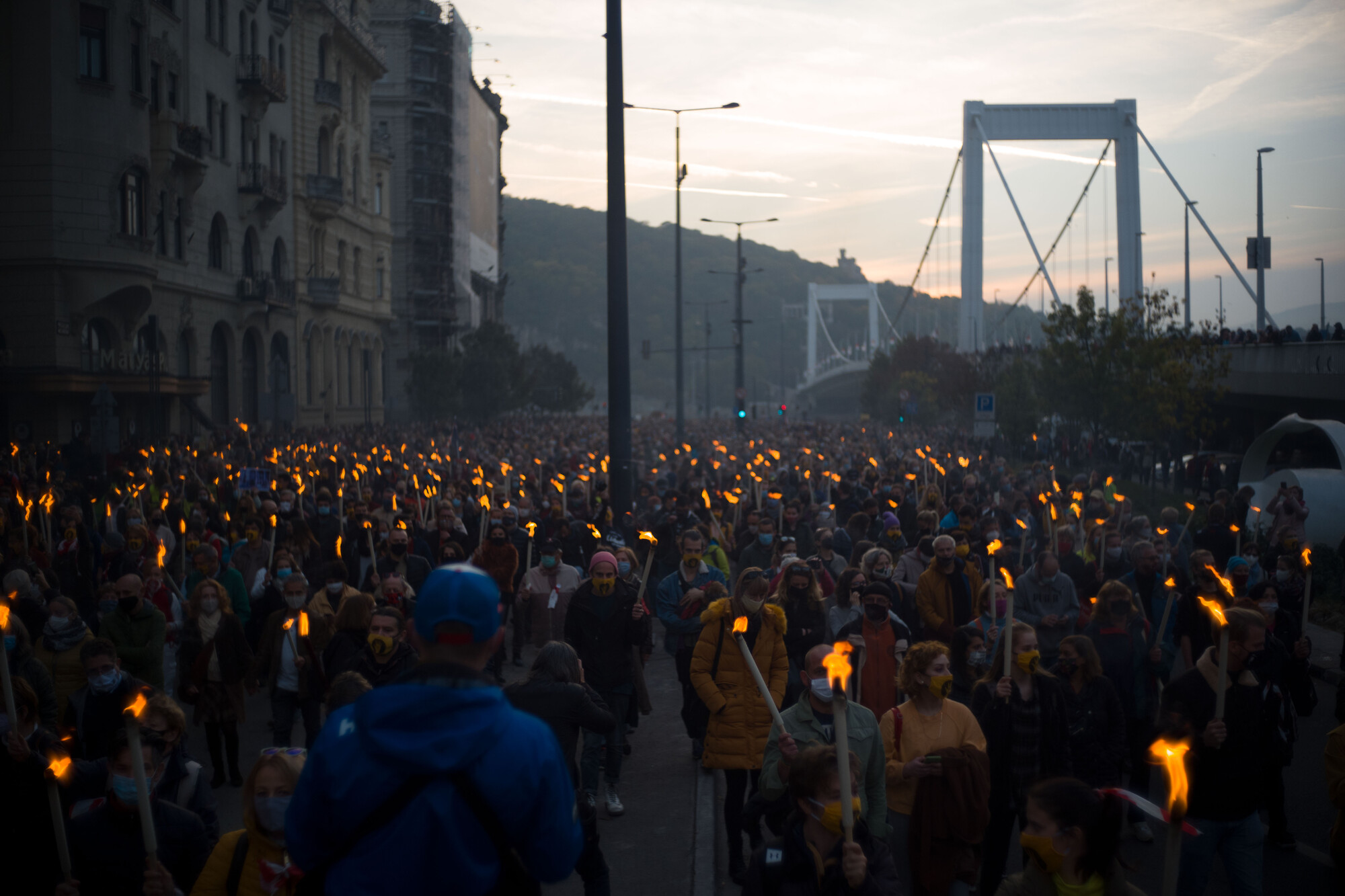 A large crowd marches with torches.