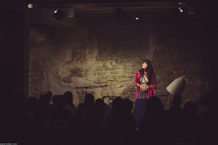 A person stands onstage looking out at the audience.