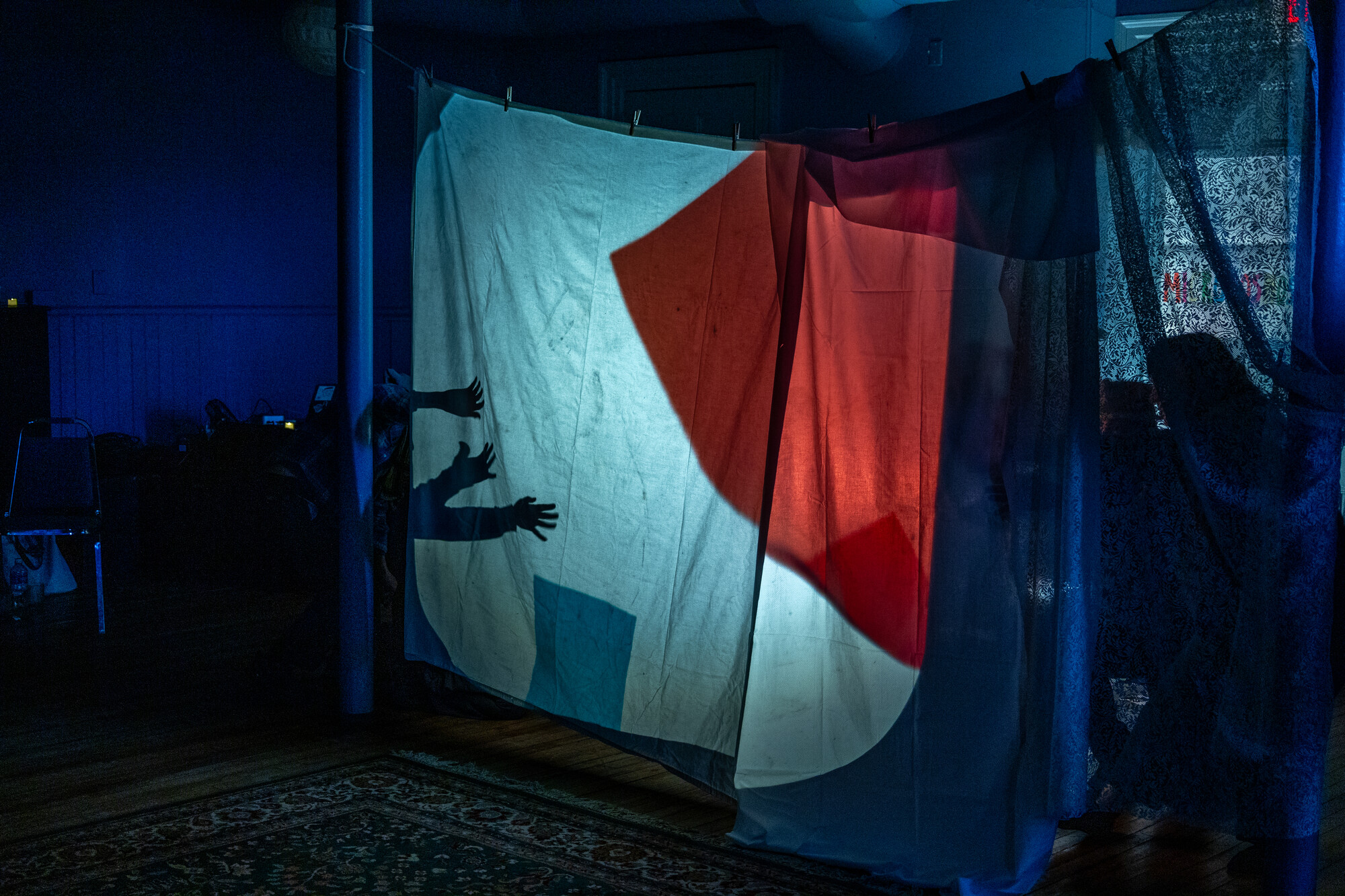 Hands appear behind a shadow puppetry screen.