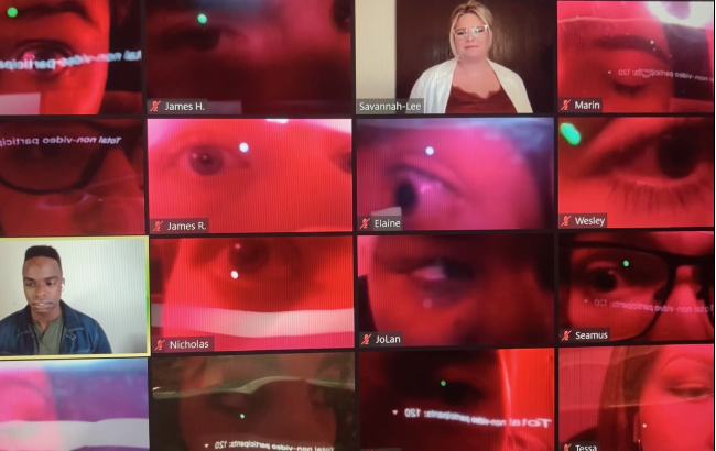 A group of eyes on a Zoom screen.