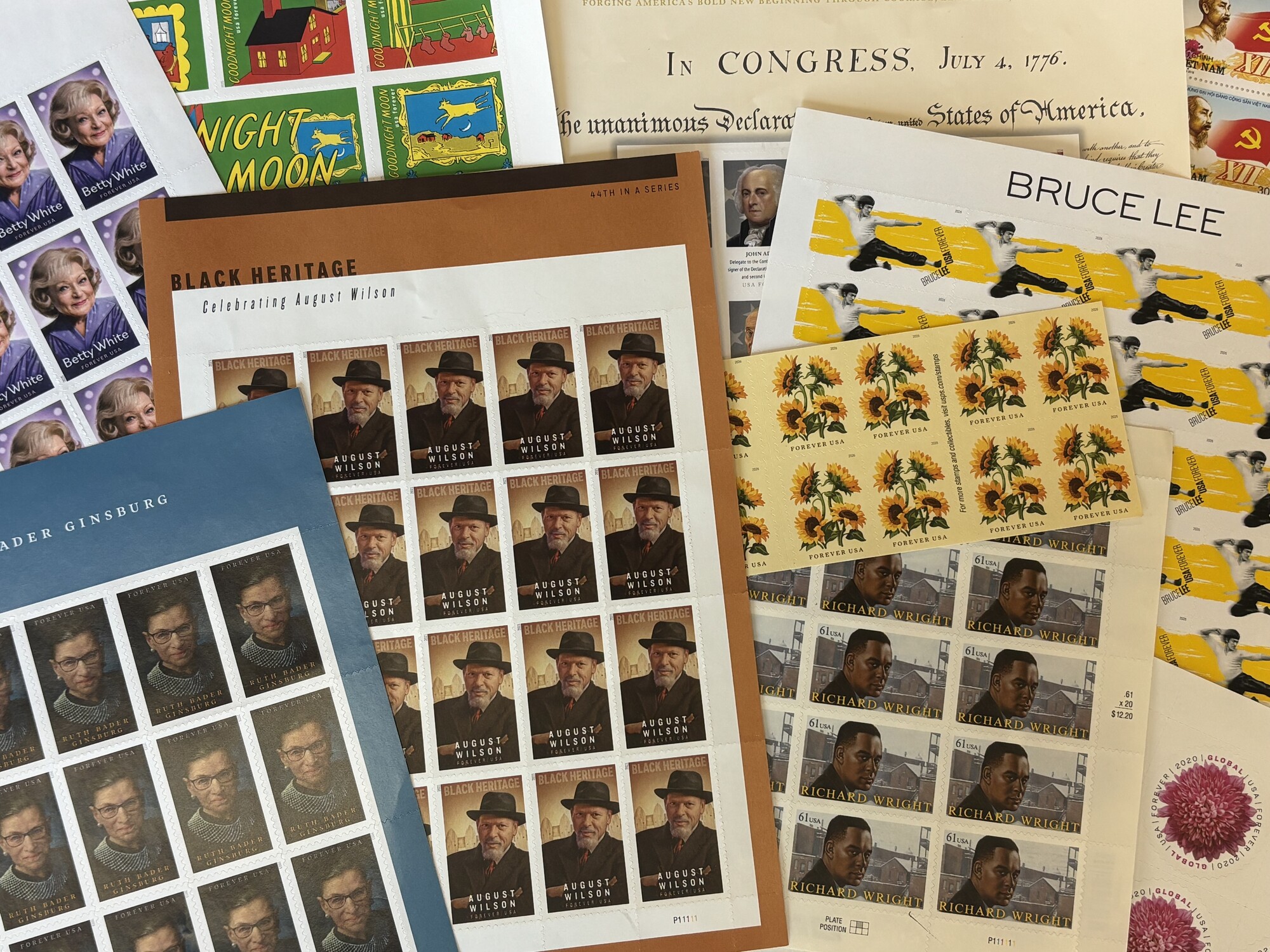 A set of stamps laid out on a table.