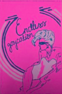 Graphic reading "Endless gaycation" featuring a figure wearing sunglasses and a one-piece swimsuit and leaning to one side.