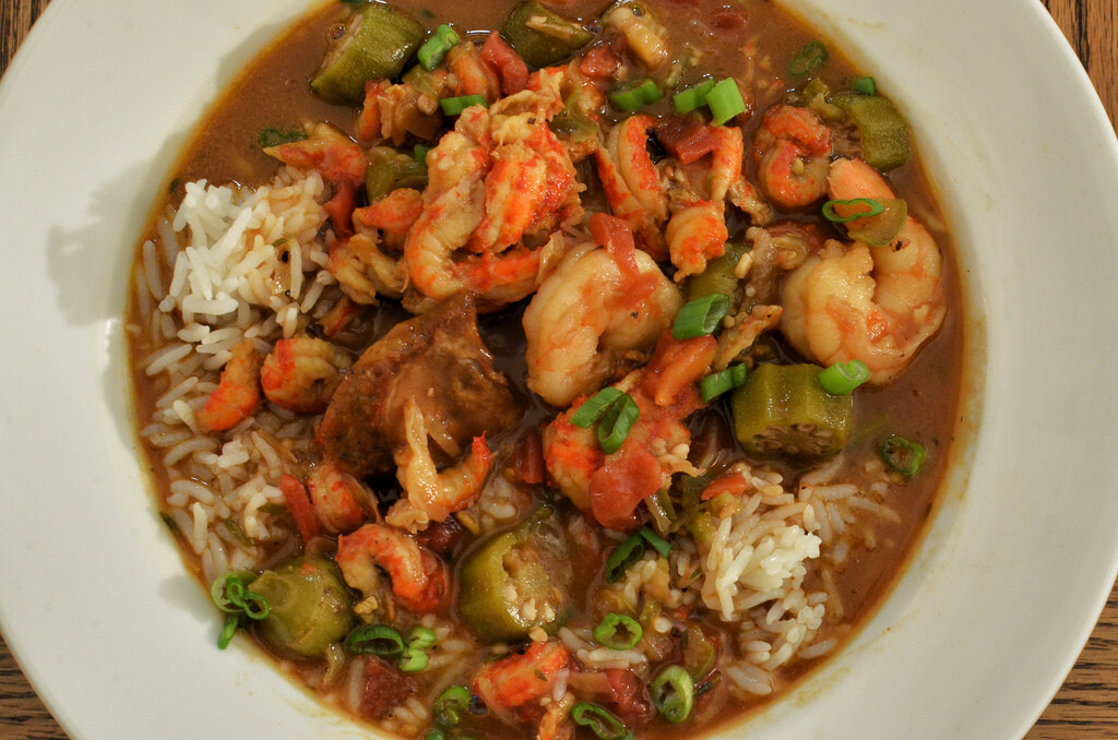 Gumbo in a large round bowl.