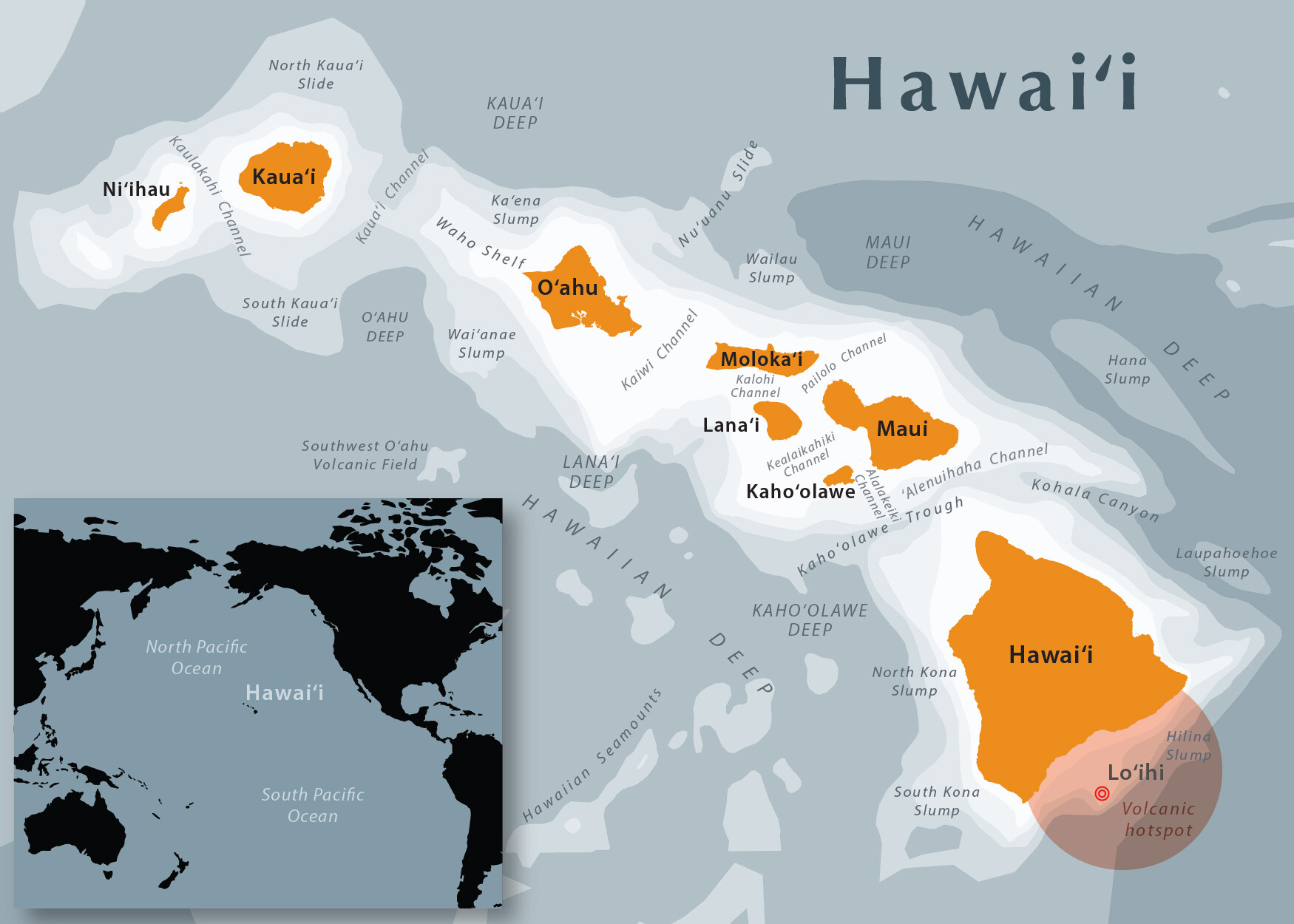 Map of the Hawaiian islands and the parts of the ocean around it.