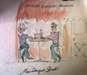 A watercolor sketch of two people sitting at an outdoor cafe table.