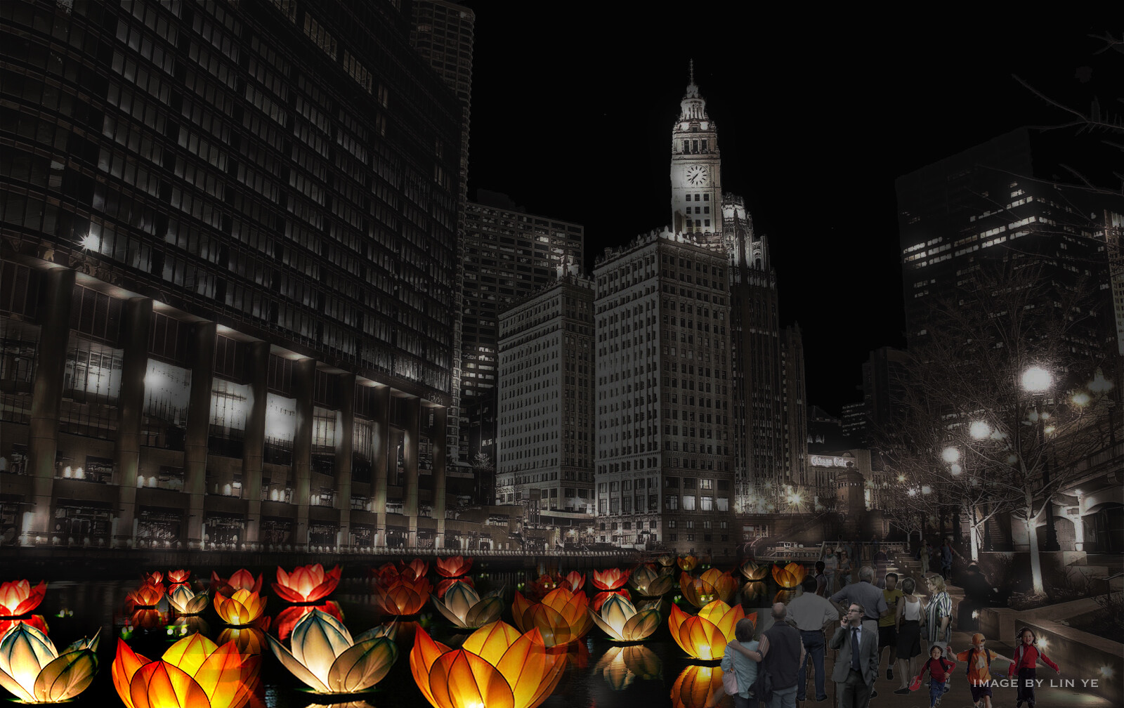 A nighttime shot of the city.