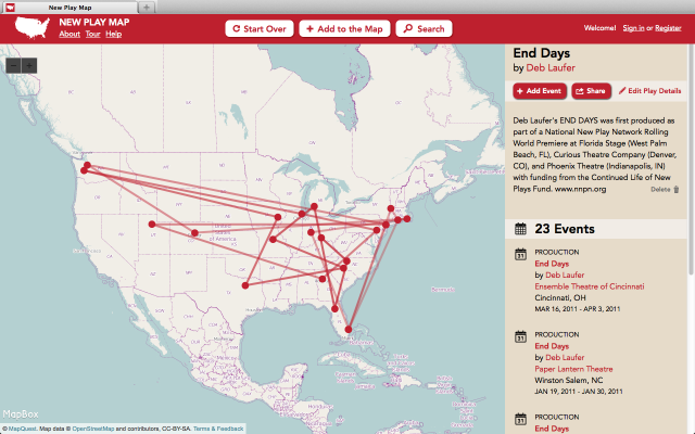 Screenshot of locations of U.S. productions of End Days on the New Play Map.
